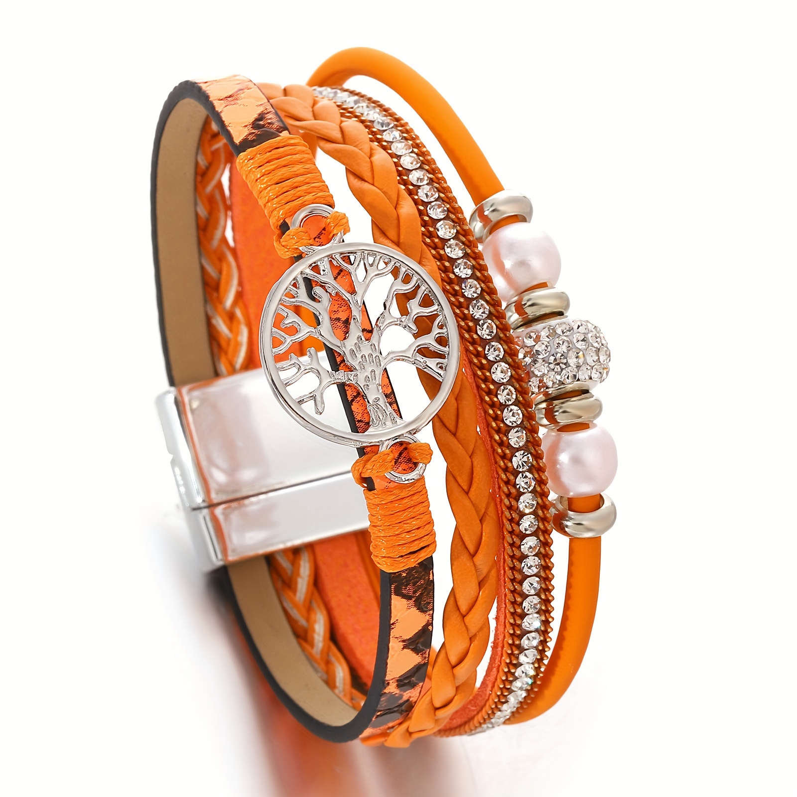 Image of 1pc Orange Braided Synthetic Leather Wrap Bracelet With Alloy Tree Of & Beads - Punk Retro Charm Bracelet For Good Luck, Daily Wear, Halloween Party Jewelry Gift, Statement Accessory