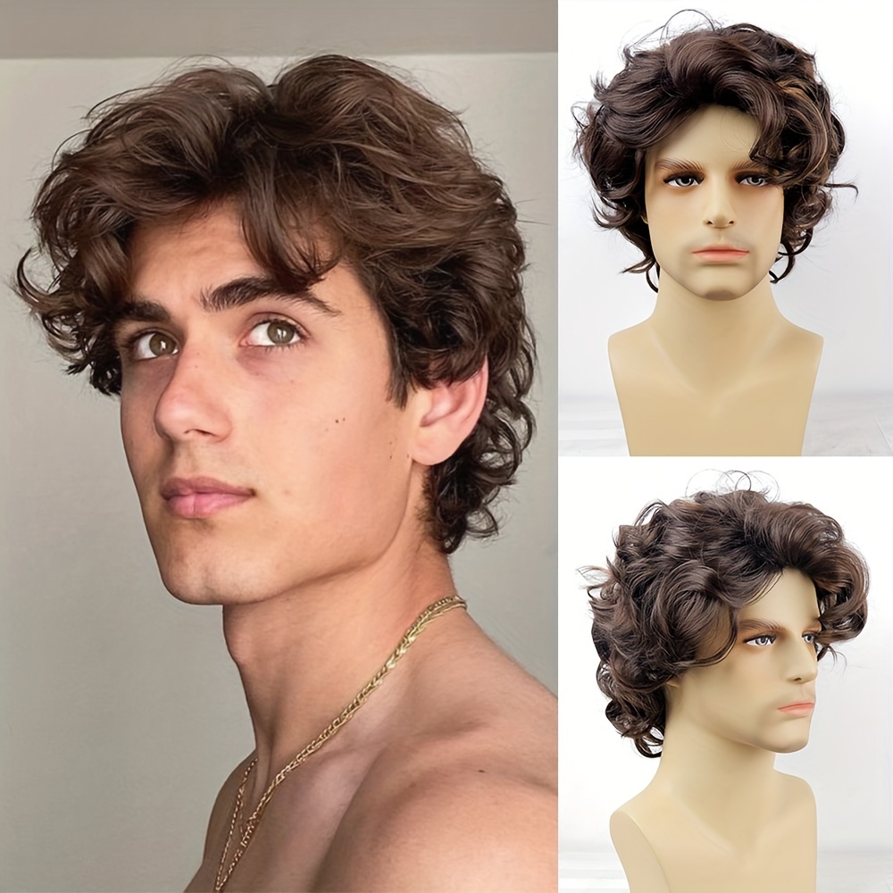 Male Curly Clip In Hairstyles Men's Short Brown Curly Layered Wig