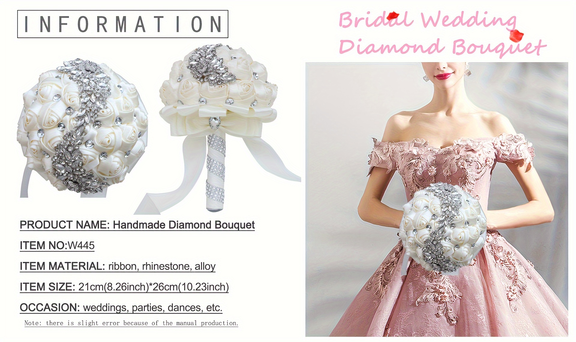 zamonaviy to'y buketi, porloq kristallar bilan, polyester va spandex, qo'lda ushlash uchun to'y gulchambari, w445 tafsilotlari 10