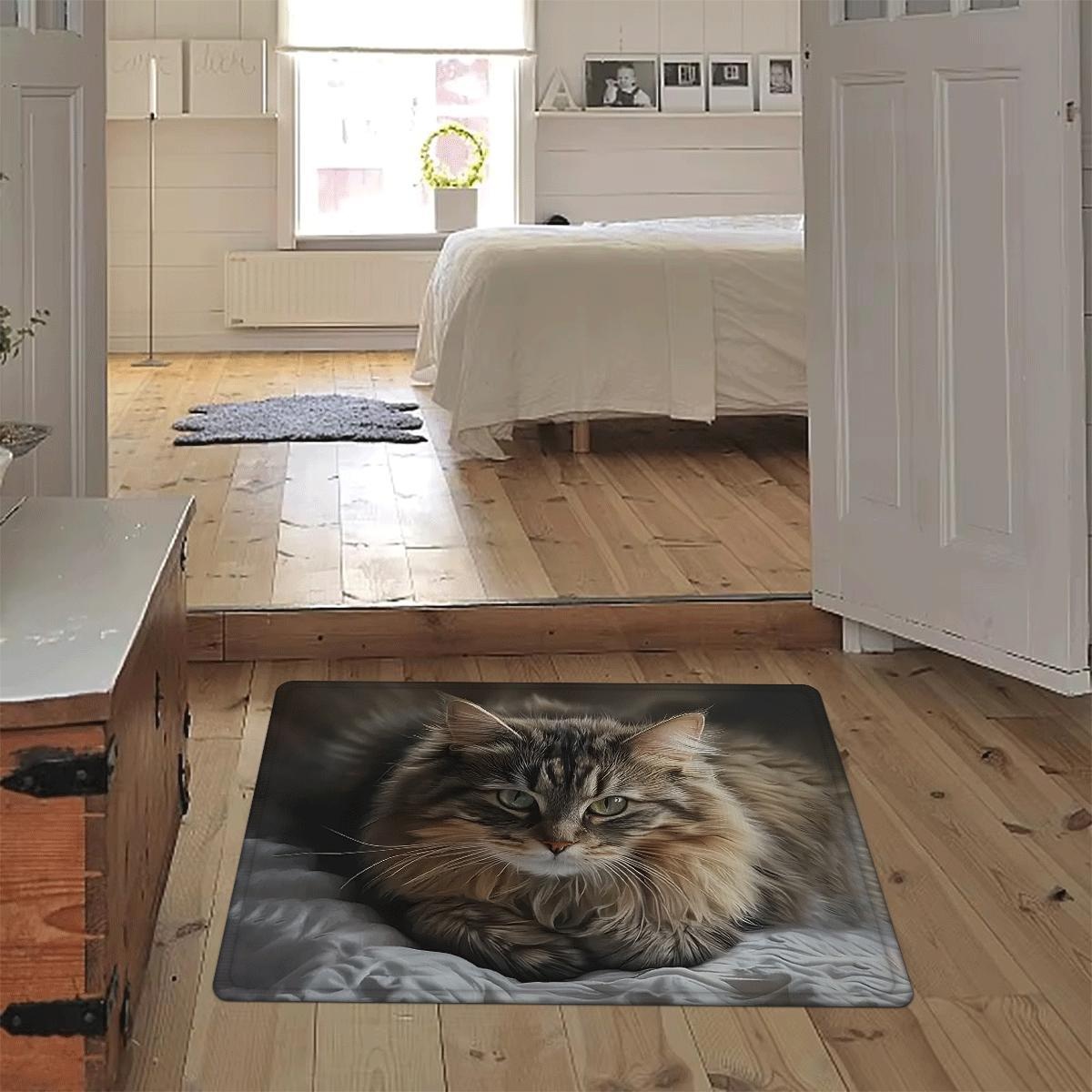 TEMU 1pc Long-haired Cat Door Mat - Realistic Fluffy Kitty Entrance Mat With Non-slip Backing, Machine Washable Floor Mat For Indoor/outdoor Use -