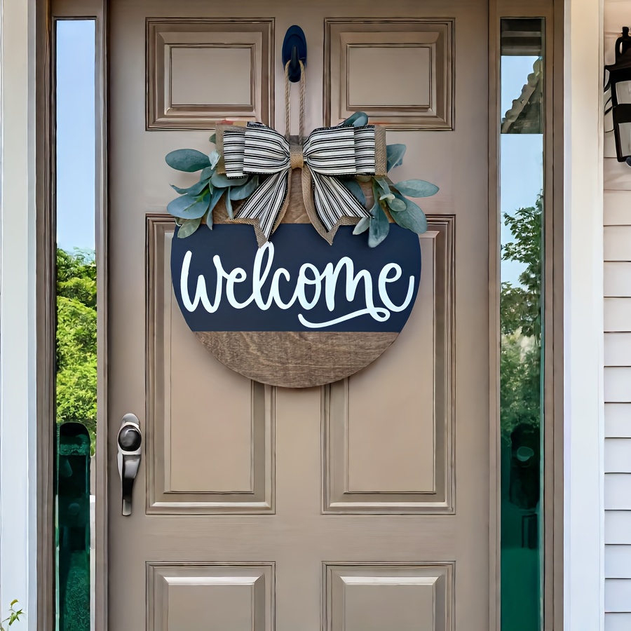 Farmhouse Style Welcome Sign - Wooden Wall Mount Door Decor without Electricity - Rustic Front Door Wreath with Bow and Greenery Accents