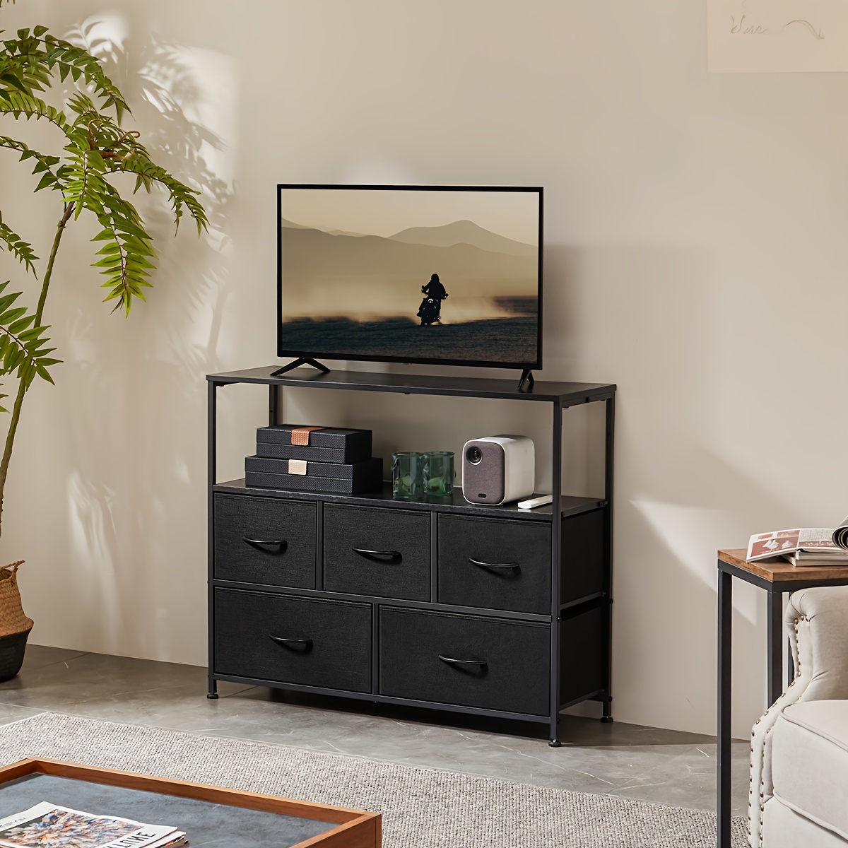 

Dumos Tv Stand Dresser For Bedroom Entertainment Center With 5 Fabric Drawers Storage Organizers Units, Media Console Table With Open Shelf Up For 45" Television For Living Room, Dorm