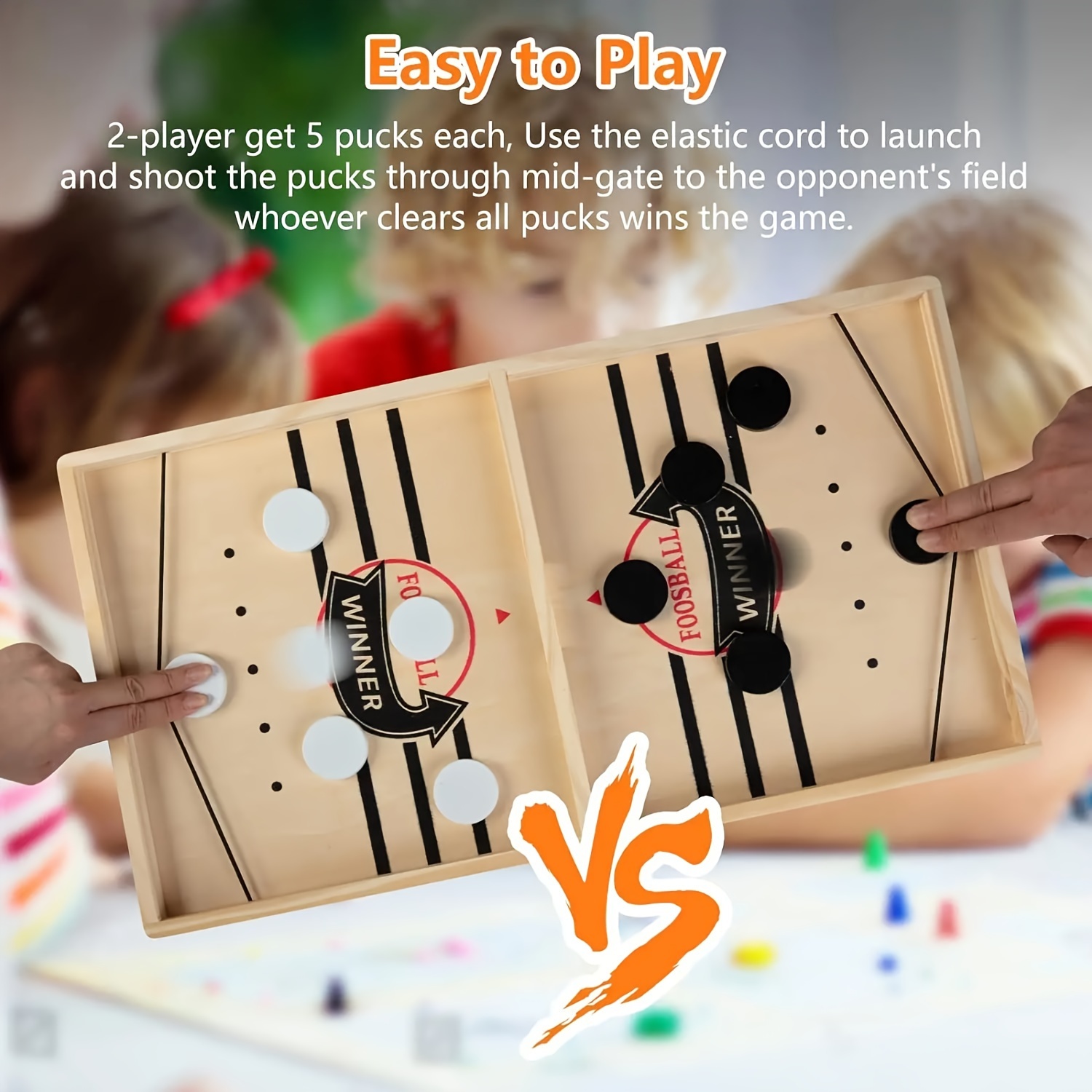 Fast Sling Puck Game - Exciting Wooden Tabletop Battle with Black & White Pucks for Quick Thinking & Reflexes, Interactive Desktop Foosball Game, Light Brown Frame