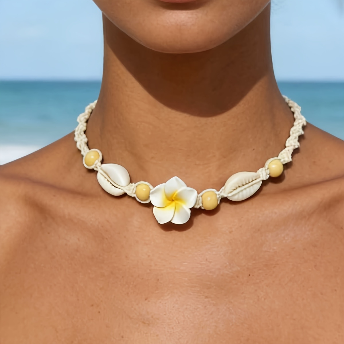 TEMU Summer Fashion Necklace With Soft Clay Flower And Shell Bracelet, Adjustable Woven Seaside Vacation Accessory