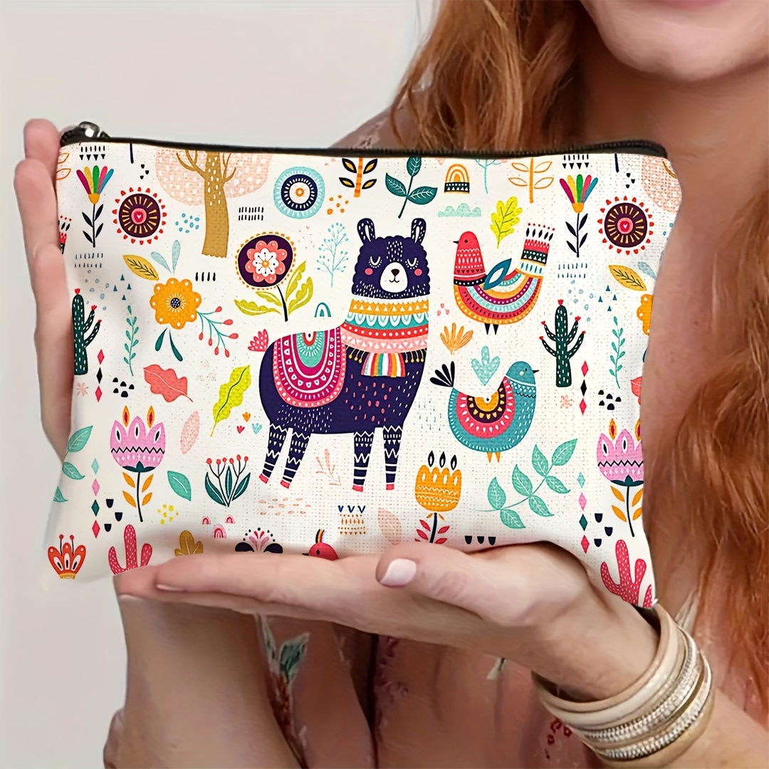 TEMU 1pc Whimsical Animal Print Makeup Bag - Large Capacity Travel Cosmetic Organizer With Zipper Closure, Cute Llama & Designs For Women, Travel, Gym, Camping & Daily Use