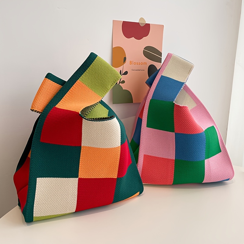 

Color Block Checkered Knitted Bag, Large Capacity Crochet Handbag, Women's Casual Woven Tote Bag & Wrist Bag