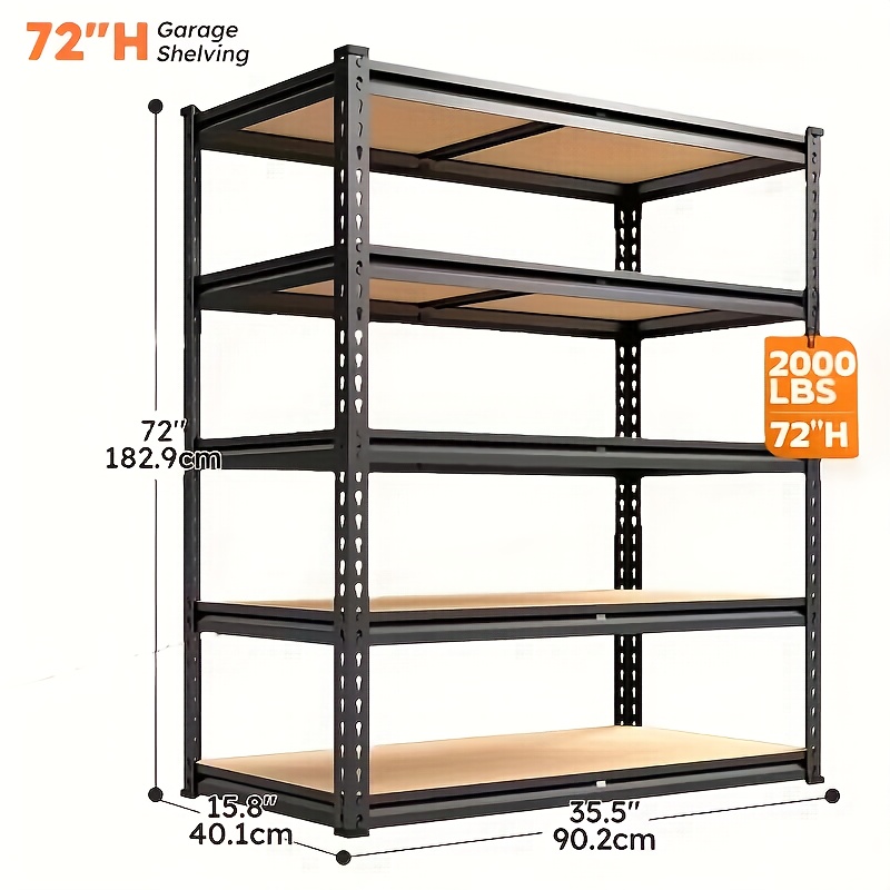 TEMU [heavy Duty Shelving] Heavy Duty 5 Tier 2000lbs Metal Shelving Units | 72"h/60"h Garage Shelving Storage Shelves, Adjustable Metal Shelving Unit