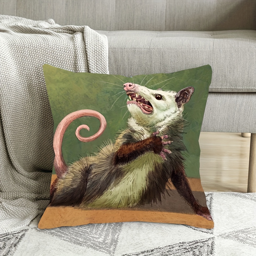 TEMU Contemporary Short Plush Throw Pillow Cover 18x18 Inch, Single-sided Opossum Actress Print, Polyester Zippered Cushion Case For Home Decor, Couch, Bed - Machine Washable, No Insert Included