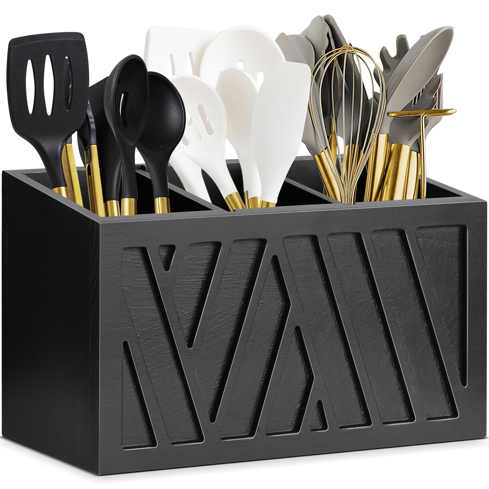 Image of Black Farmhouse Utensil Holder For Kitchen Counter Extra Large Cooking Utensil Holder Caddy Utensils Storage Organizer For Countertop Rustic Wood Kitchen Tool Decor Utensil Crock Spatula Holder