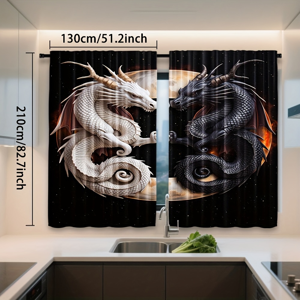 TEMU 2pcs, Yin Yang Dragon Moon Stars Pattern Curtains Light Filtering Polyester Rod For Bedroom Living Room Office, Home, Office, And Holiday