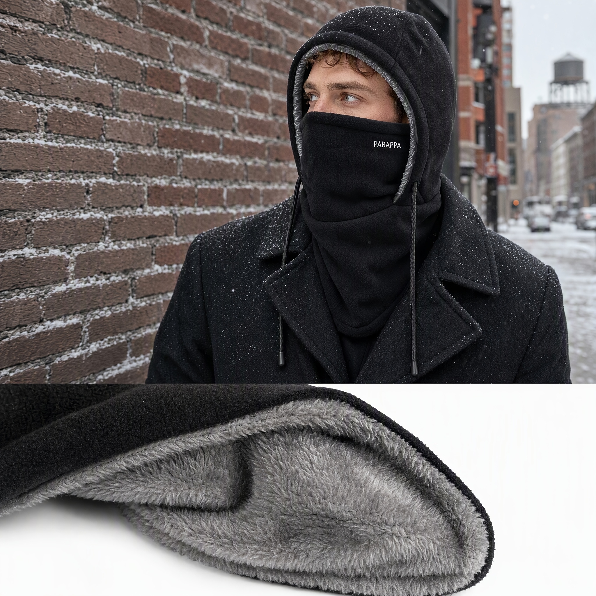 TEMU Men's Winter Hats, Christmas And New Year Holiday Gift, Thick Fleece-lined Warm Balaclava Face Mask, Drawstring Adjustable Full Face Neck Hood,