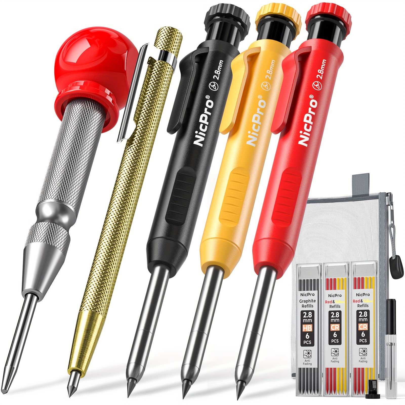 

Nicpro 10 Pack Carpenter Pencils Mechanical, Construction Pencils With 21 Refill, Automatic Center Punch And Carbide Tool, Mechanical Pencil For Woodworking, Best Marking Tool