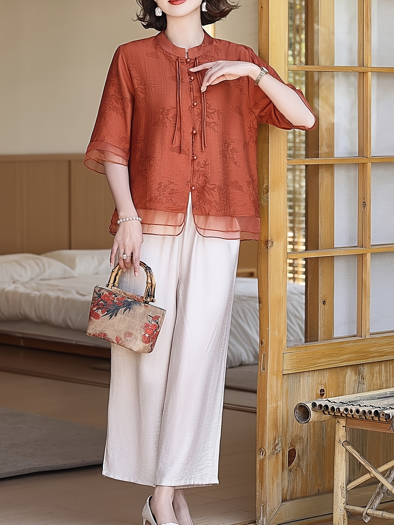 elegant summer women's short sleeve jacquard blouse - Temu