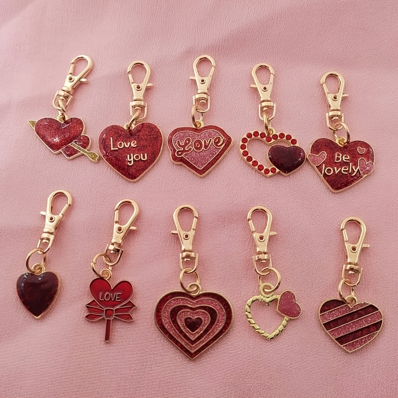 

10pcs Heart-shaped Keychain Set, Fashionable Golden Alloy Bag Charms, Metal Love Key Rings With Lobster Clasp, With Card Holder, For Valentine's Day Gift For Women