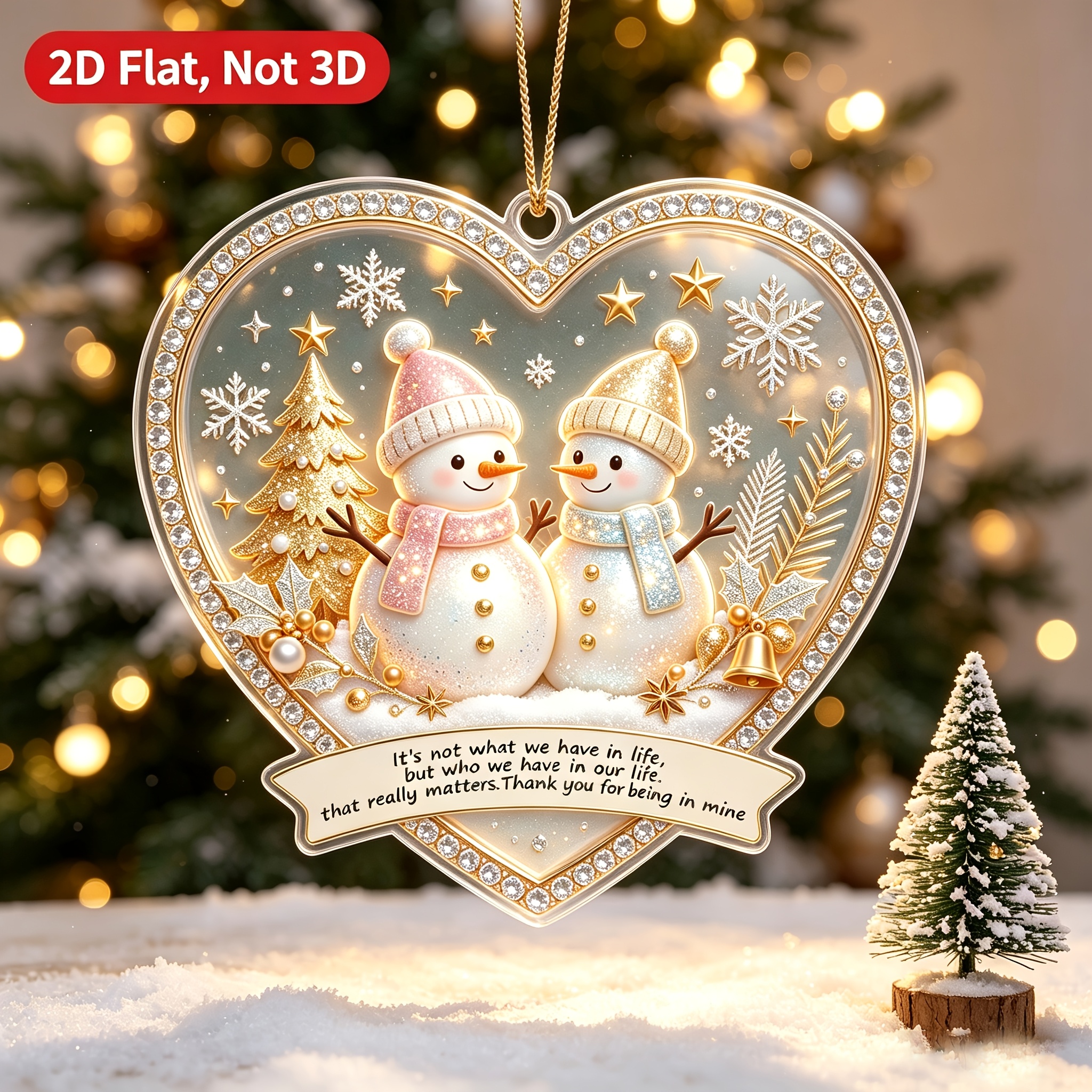 TEMU 2d Flat, Transparent Acrylic Snowman Hanging Ornament With "thank You For Being " Text - Pink & Golden Suitable For Car & Christmas Tree