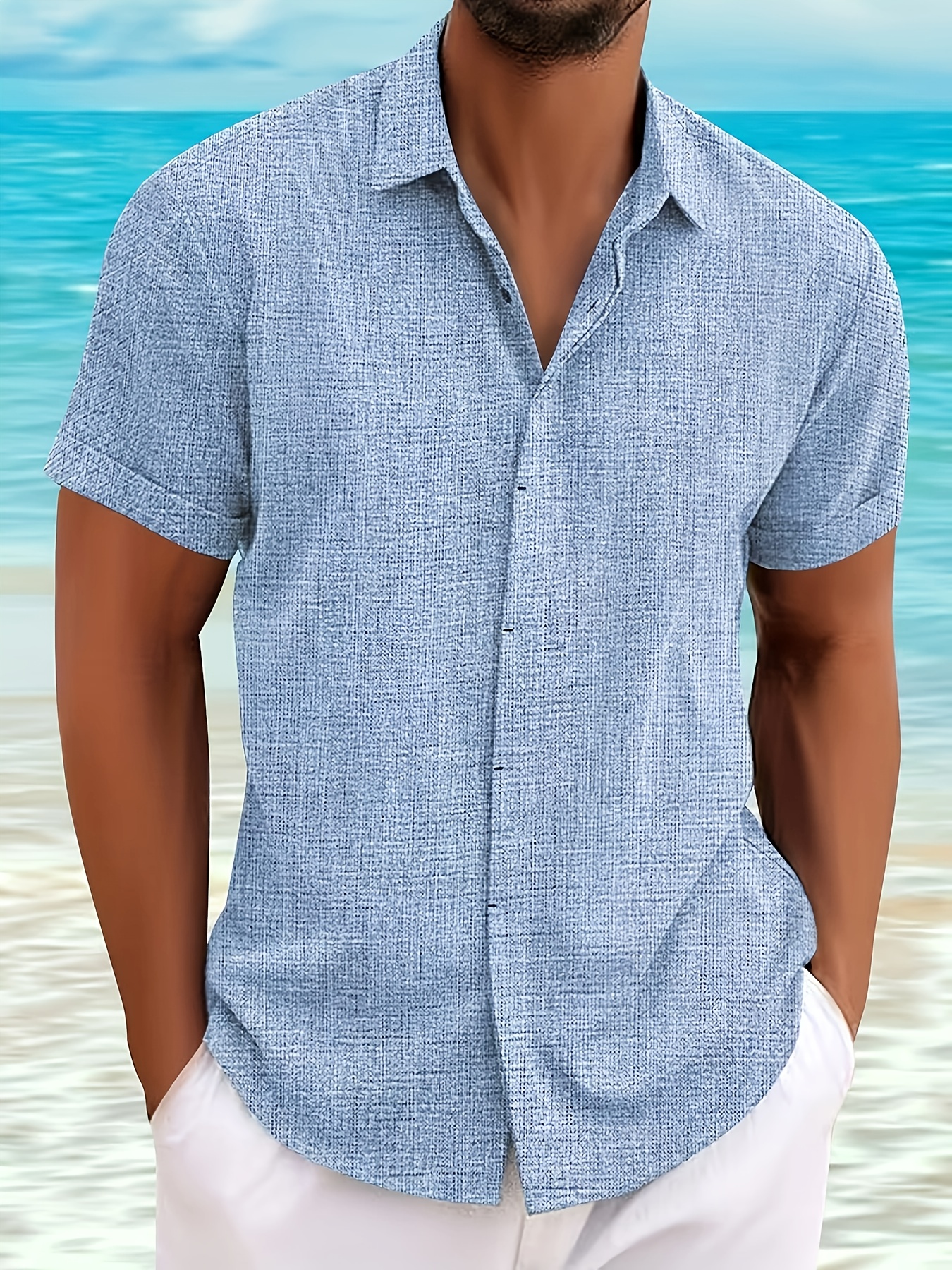 Camisa Casual de Cuello Giratorio para Hombre en Color Sólido, Ideal para Oficina, Salidas, Negocios, Vacaciones y Playa - Imagen 4