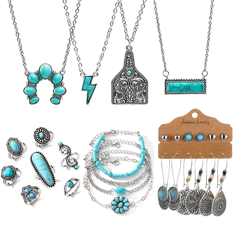 

21pcs Vintage Jewelry Set, Turquoise Blue Necklaces, Bracelets, Sunflower & Heart Rings, Fashion Accessories For Women, Wear, Alloy Material, Ideal For Daily & Gift