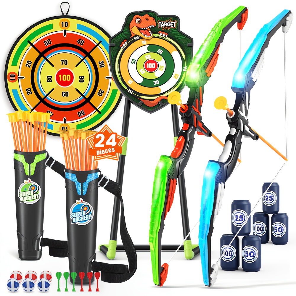 TEMU 2pcs Kids Bow And Arrow With 29" Large Dart Board, Led Light Up With 24pcs Suction Cup Arrows, Indoor Outdoor Sport Toys Gifts For 3-12 Year Old