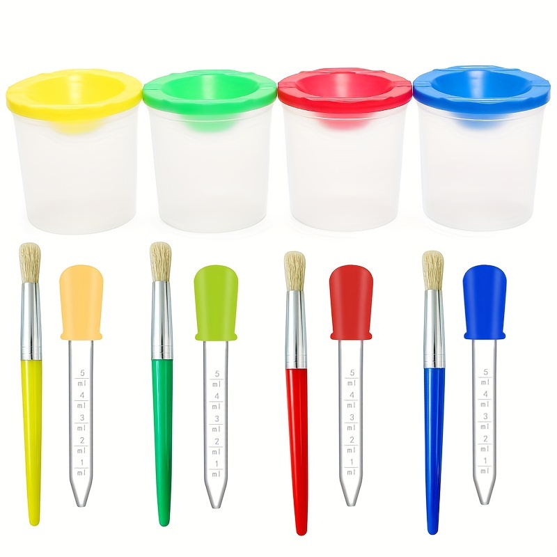 

3-piece Spill-proof Paint Cups Set With Colored Lids, Round Paint Brushes And Pipette, Plastic Handle - Assorted Colors