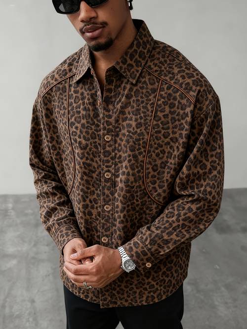 heren vintage amerikaanse drop shoulder luipaardprint lange mouw shirt heren herfst lazy style shirt jacket
