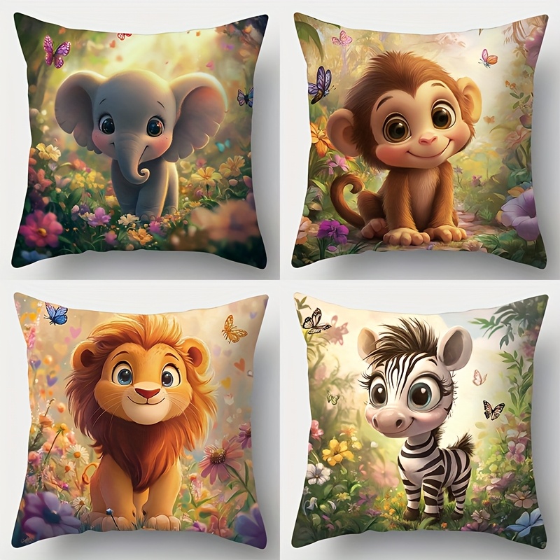TEMU -4pcs Set, Printed Pillowcase. Contains Patterns Of Elephants, Monkeys, , , Etc. Suitable For Room Decoration, Living Room Decoration, Sofa