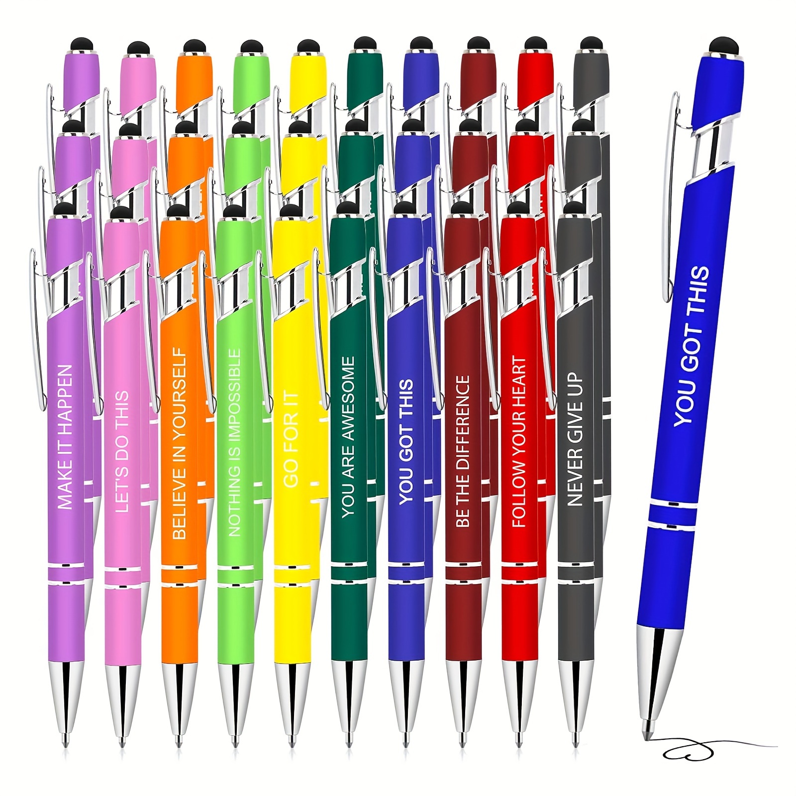 

30-pack Inspirational Metal Ballpoint Pens With Stylus Tips – Quick Drying, Retractable Medium Pens – Motivational Messages, Ideal For Office, School & Gifts For Coworkers, Age 14+