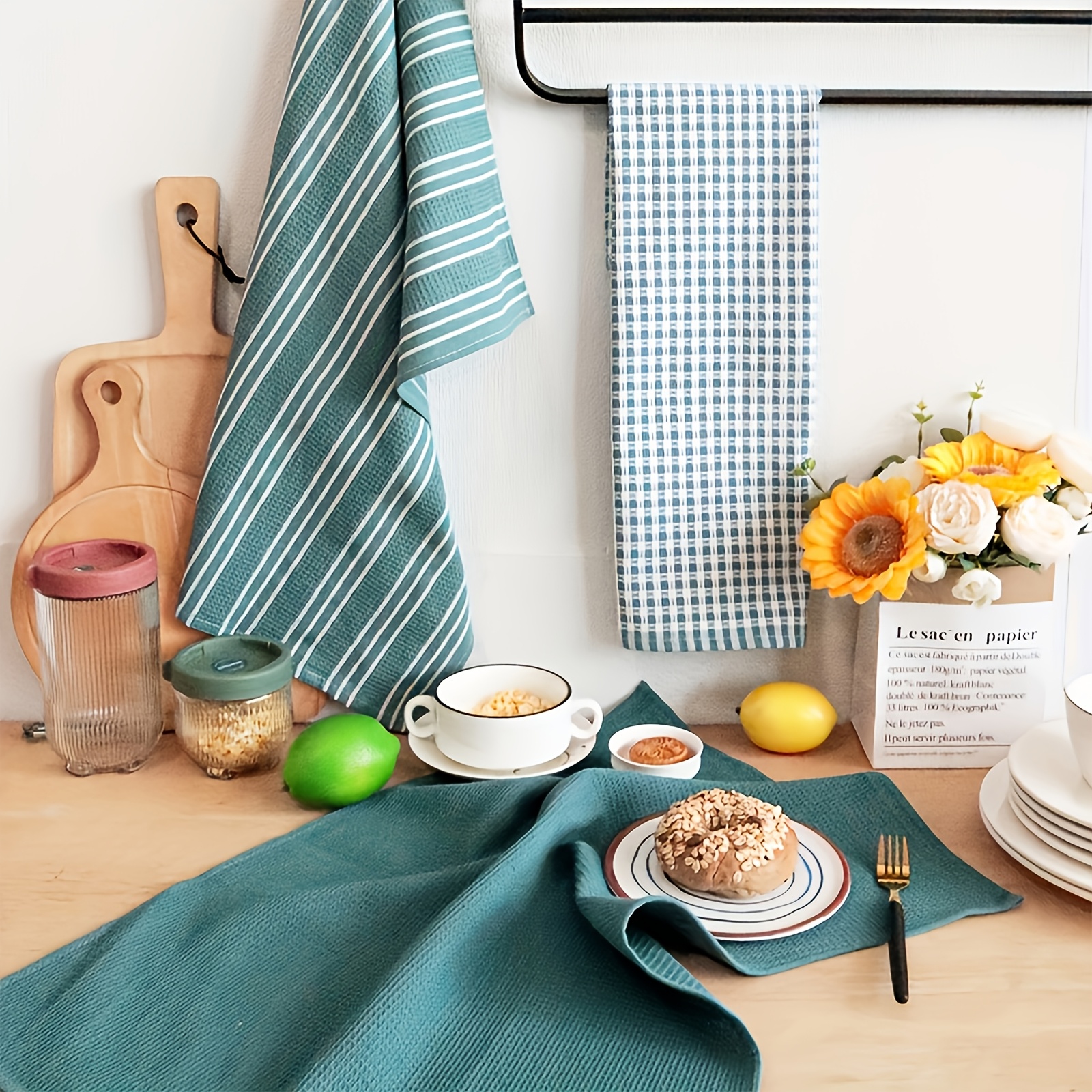 6pcs Soft & Absorbent Kitchen Towel Set - Large, Durable Waffle Weave Dish Cloths in Solid, Plaid & Striped Patterns for Easy Cleaning & Drying - Ideal for Cooking, Baking & Tea Time