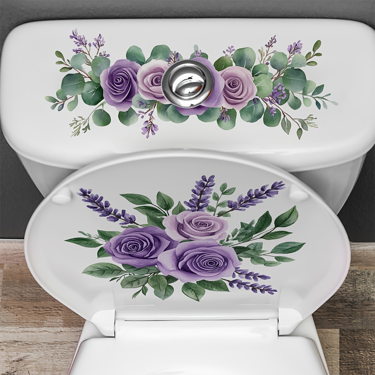 

1pc Clôture de toilette en fleurs, autocollant de salle de bain à fleurs violet, PVC, semi-mat, thème fantaisie, irrégulière, détachable, avec auto-adhésif pour surface céramique, utilisation unique