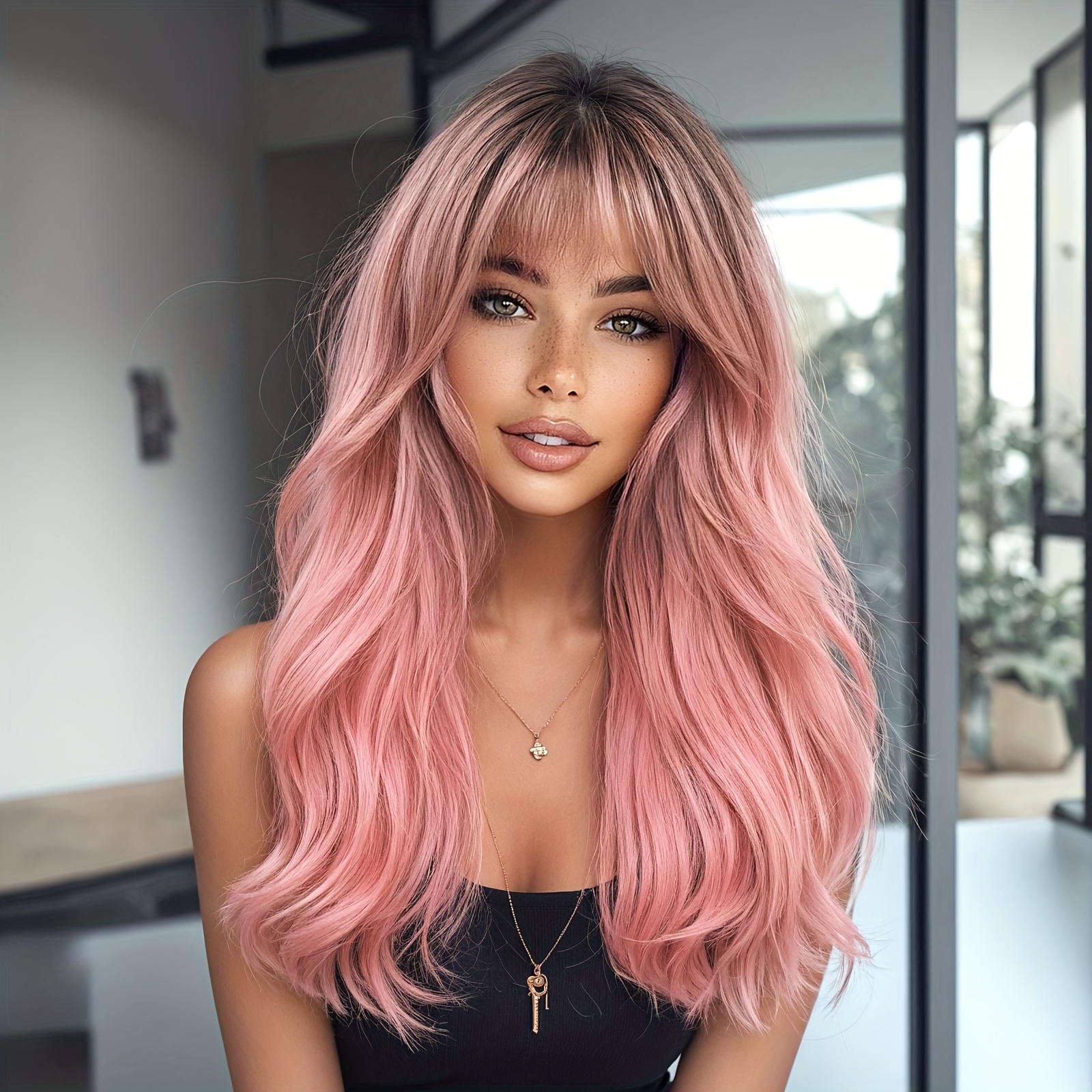 24 Inch Fashionable Brown Top Pink Bangs Medium Length Curly Hair Women's Wig, Lace-free Synthetic Fiber Comfortable Breathable Wig, Suitable For Halloween, Holidays, Daily Occasions, And