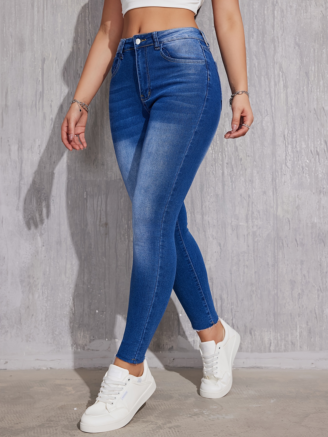 Deep Blue Stretchy High Waist Denim Pants Slash Pocket Sexy - Temu Canada