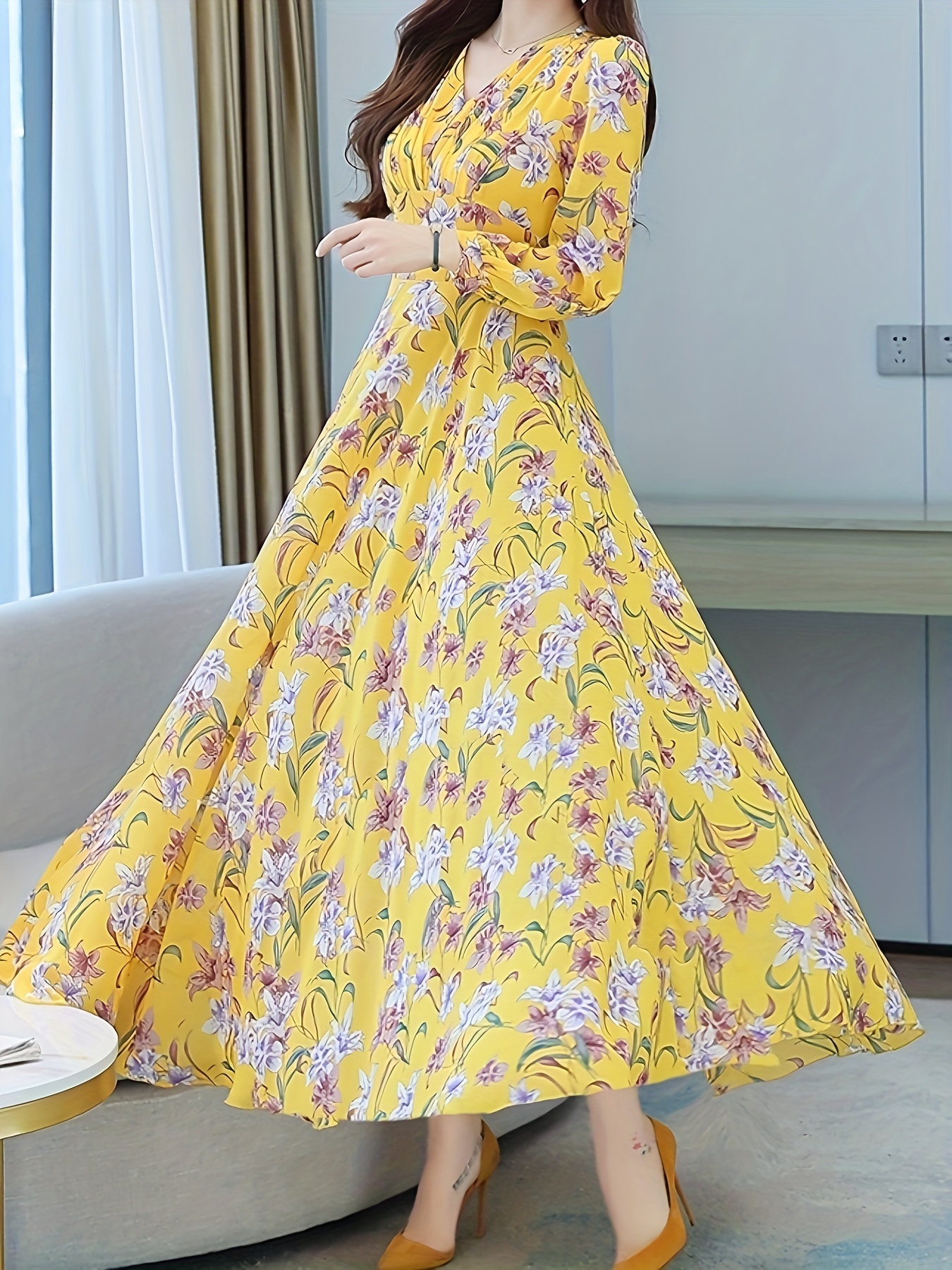 Casual Sleeve Bright Yellow Summer Dress High-End Celebrity Style Long  Sleeve V-Neck Yellow Midi