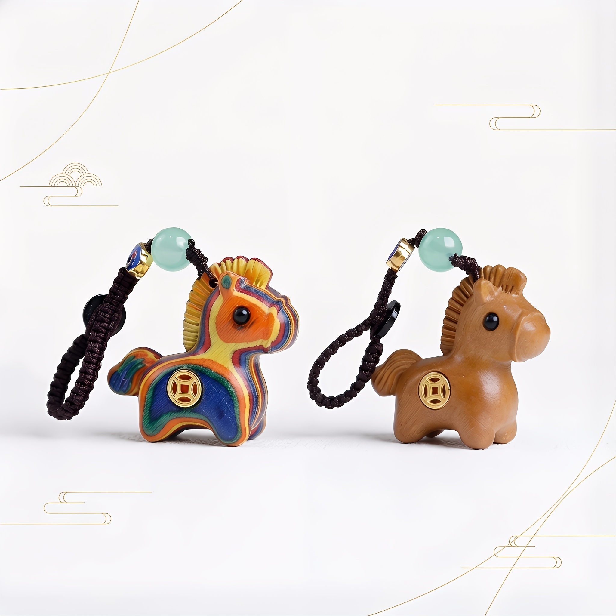 Image of A Pair Of Wood-carved Horse Pendant Sets—featuring "fu" Character Coin Details, A Meaningful Gift Set With Varying Painted Textures, Christmas Decorations, Halloween Decorations