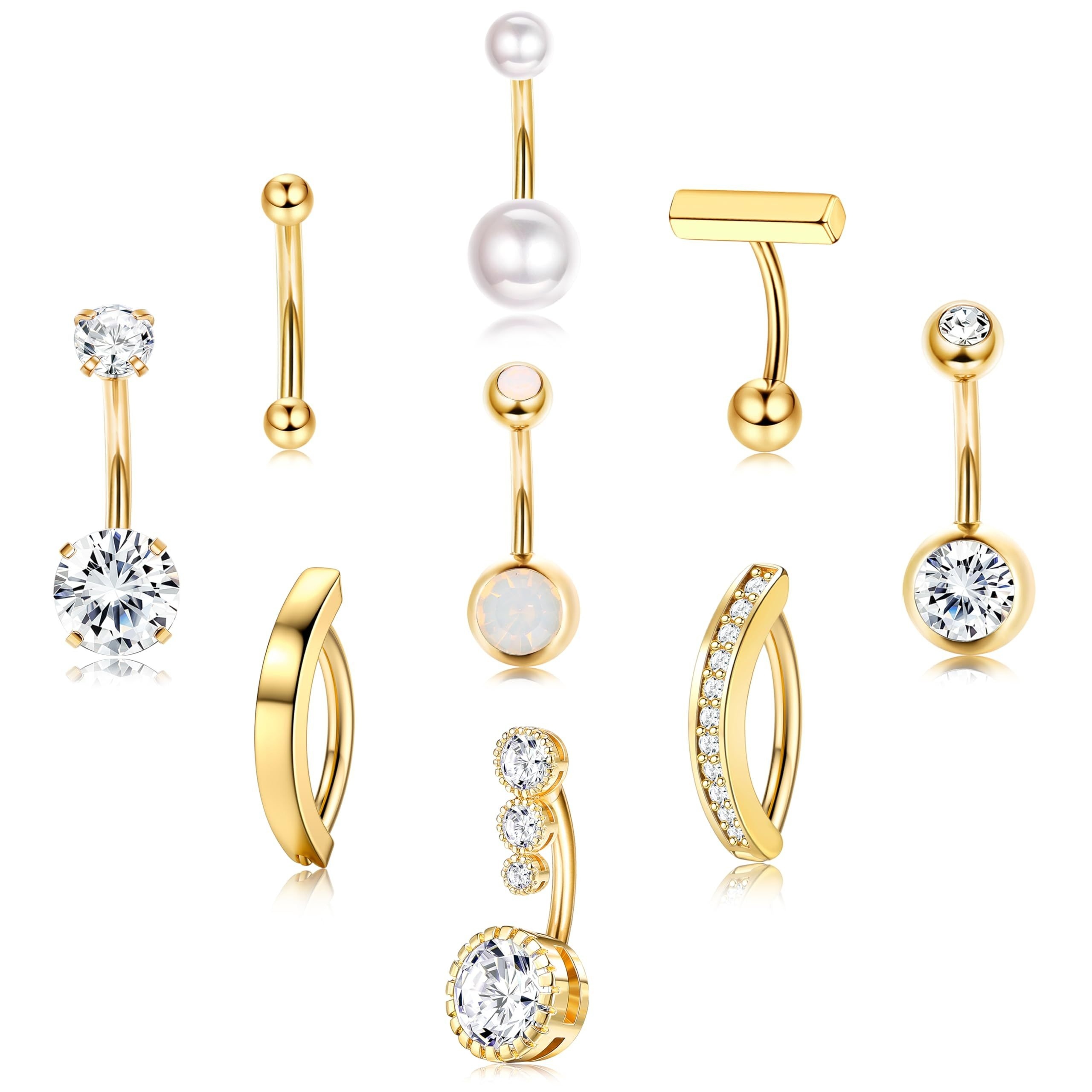 Elegant 9pcs Stainless Steel Belly Button Ring Set With Cubic Zirconia - & Vacation Wear, Valentine's Gift