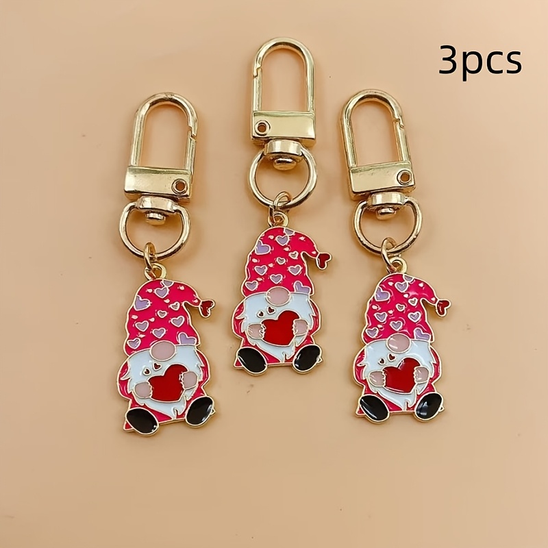 Image of 3pcs Cute Cartoon Gnome Heart-shaped Keychains - Alloy Animal Pendants, Suitable For Bags, Backpacks, And Headphone Cases - Perfect Valentine's Gift For Women