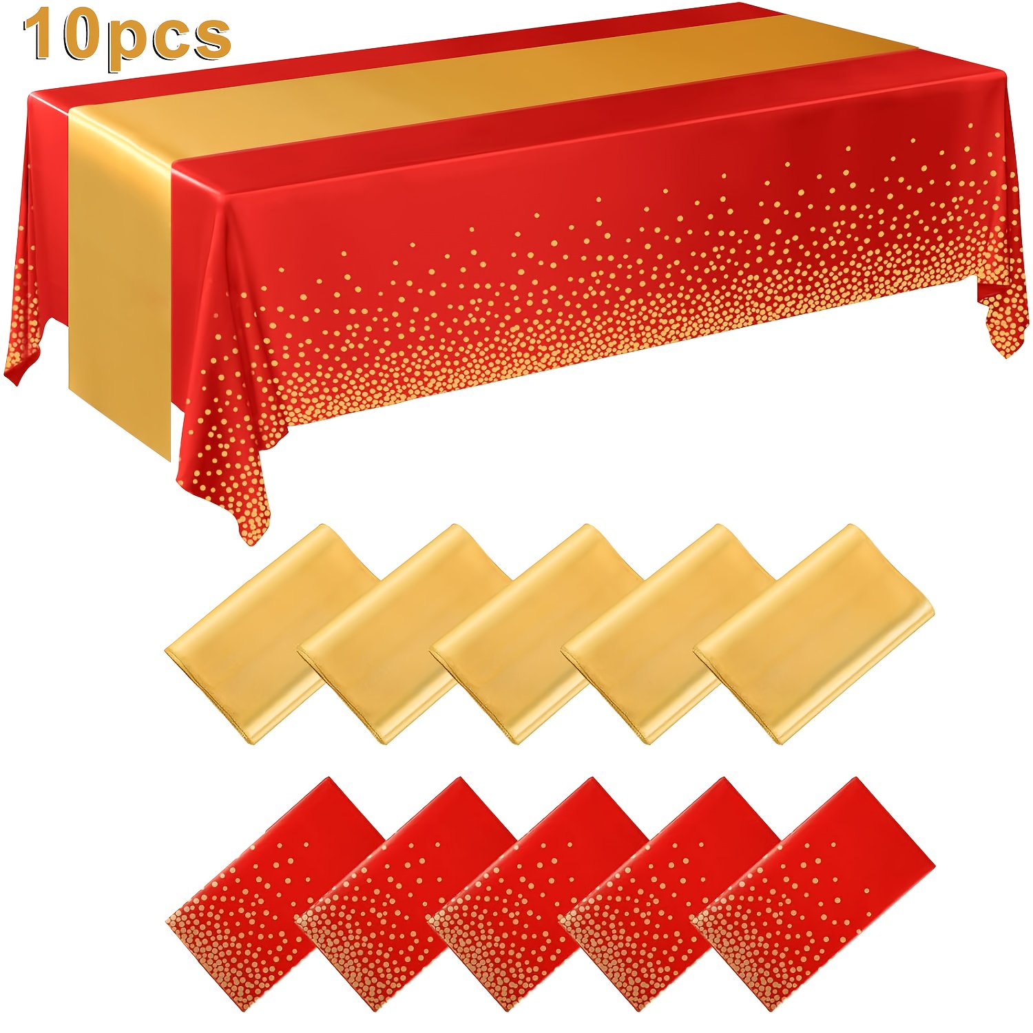 TEMU Set Of 10 Red And Golden Disposable Plastic Table Covers Along With Satin Table Runners, Featuring A 54x108 Inch Tablecloth And 12x108 Inch