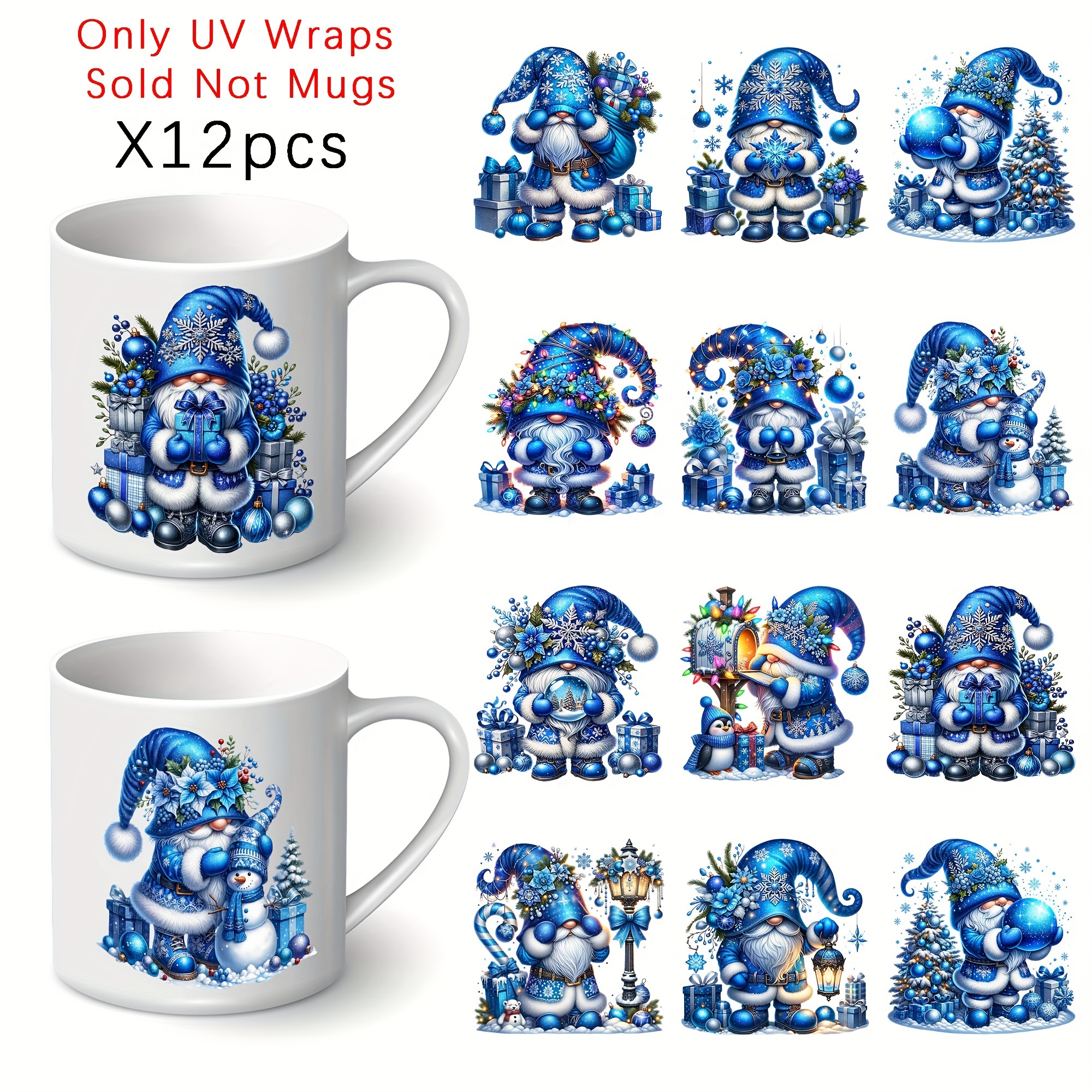 

12pcs Blue Santa Claus Merry Christmas Uv Dtf Transfer Stickers Set - Diy Glass Jar & Mug Decals With Gift Designs, High Adhesive Holiday Craft Supplies