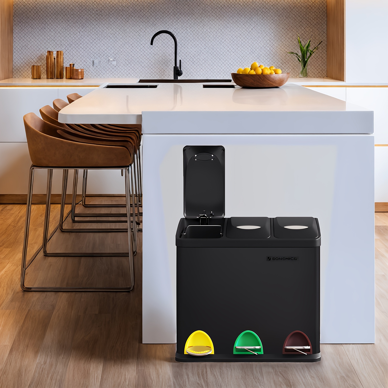 Small Volume Kitchen Waste Sorting Bin With Lids, Triple Steel Bin For Small Families, Pedals And Buckets, Easy To Clean