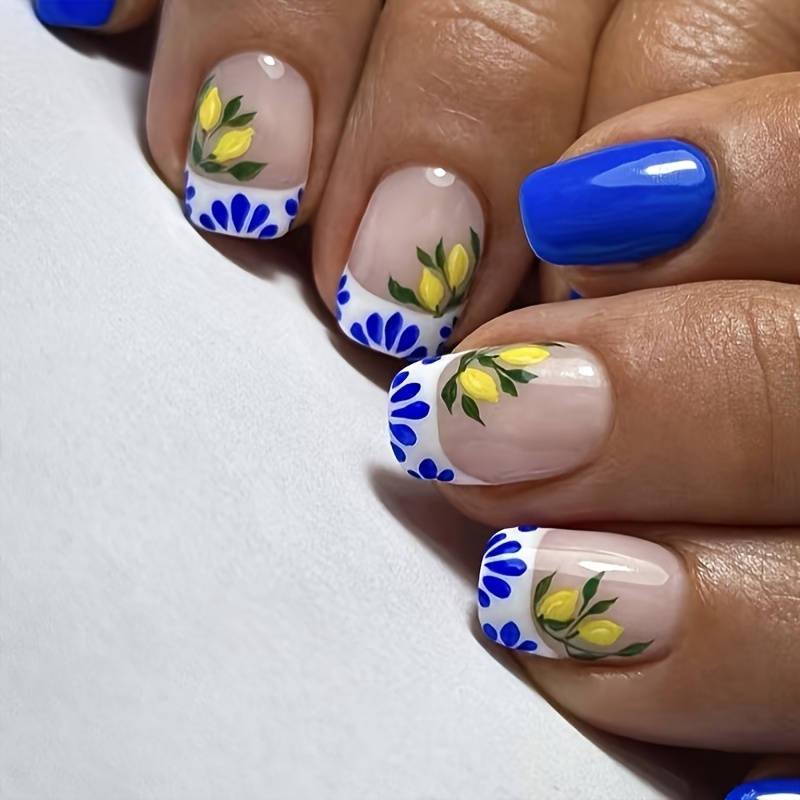 TEMU 24pcs Lemon Hand-painted Fresh Wearable Nail Detachable Fake Nail