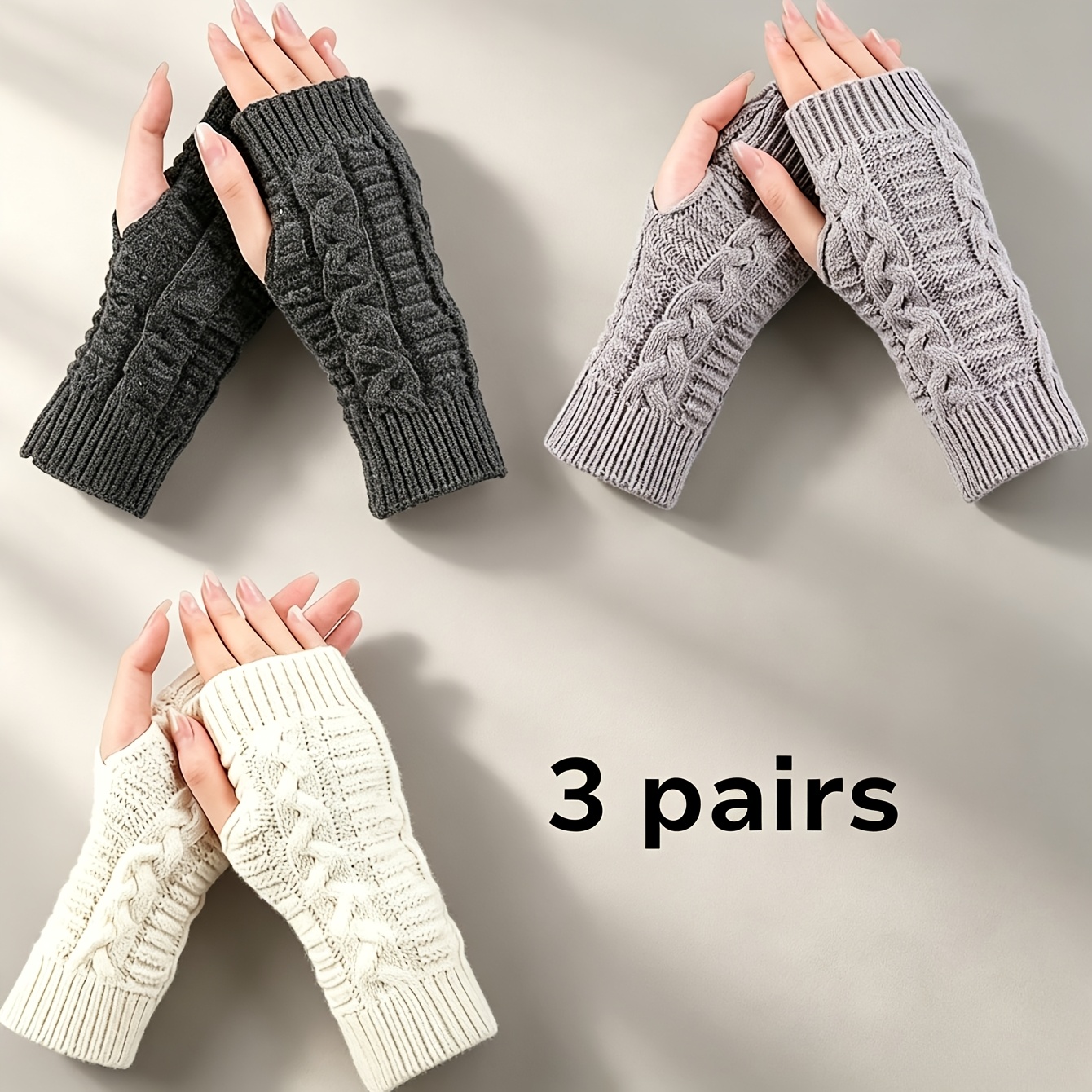 TEMU 3 Pairs Women's Warm Fingerless Gloves, Colors White/dark Gray/gray, 3 Colors . Winter Thumb-holed Wrist Warmers With, For Arm From Orange
