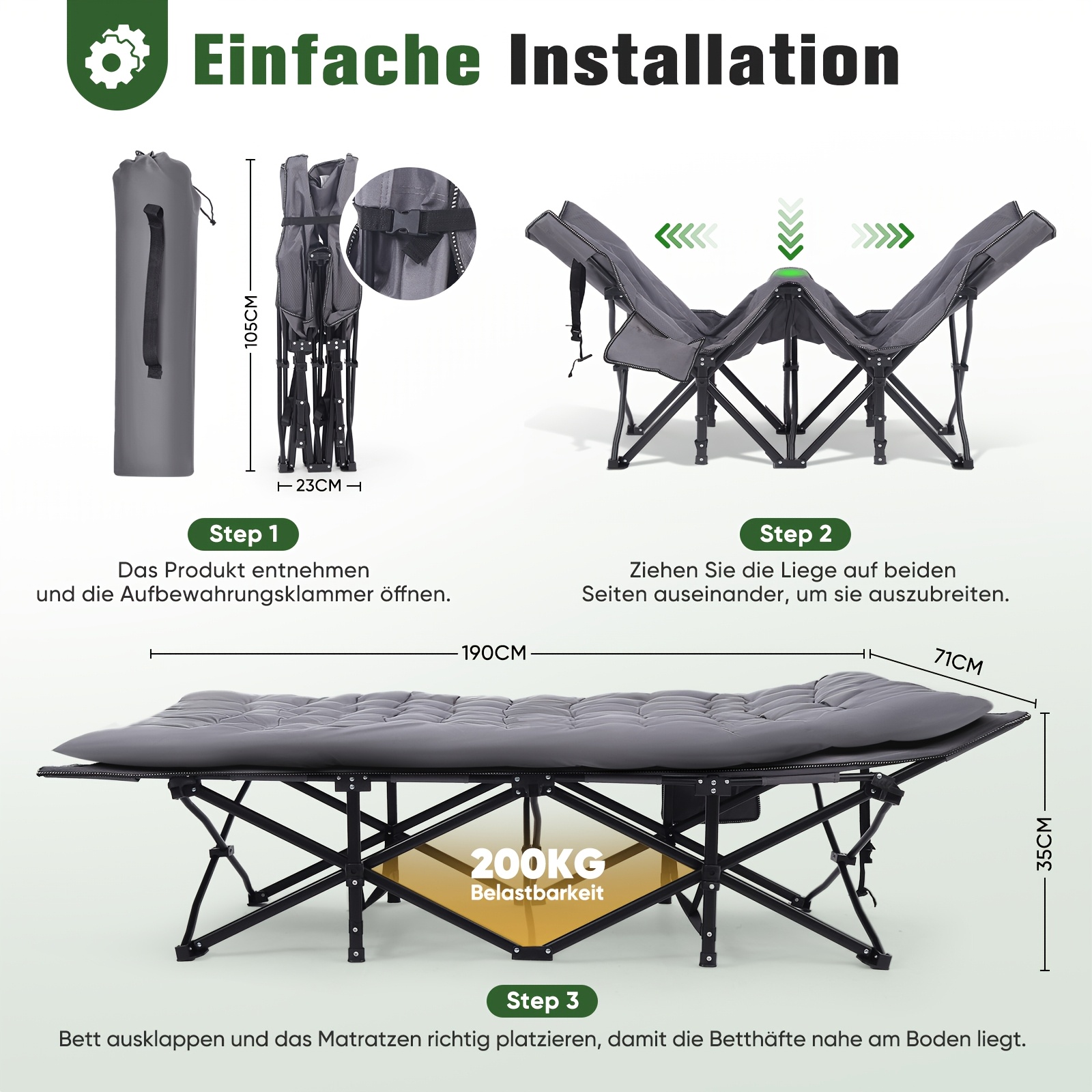 Image of Sekey Camping Bed, Foldable Camp Bed, Foldable Guest To 200 Kg, With Side Pocket, Portable Camping Bed, Outdoor, Garden, Travel, Camping, Indoor