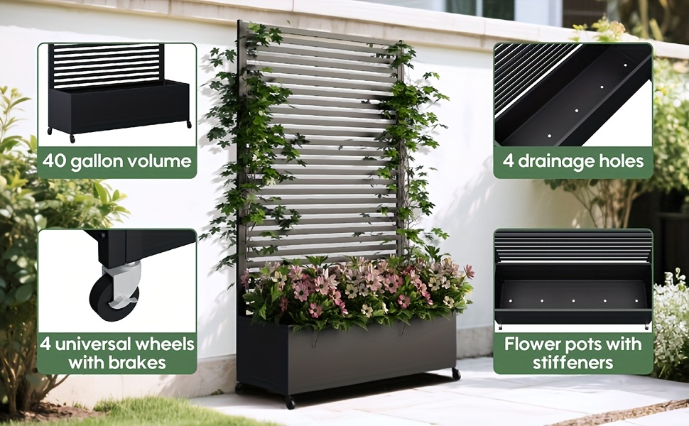 metal planter box with trellis privacy screen 73   x 30 double planter box raised garden bed with trellis wheels planter box outdoor with drainage holes for climbing plants vegetable vines white and black Product details 1