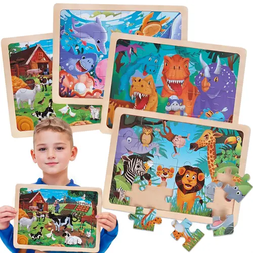 4 packs of 24 wooden puzzles preschool education puzzle board childrens toys zoo birthday christmas gift halloween christmas gift