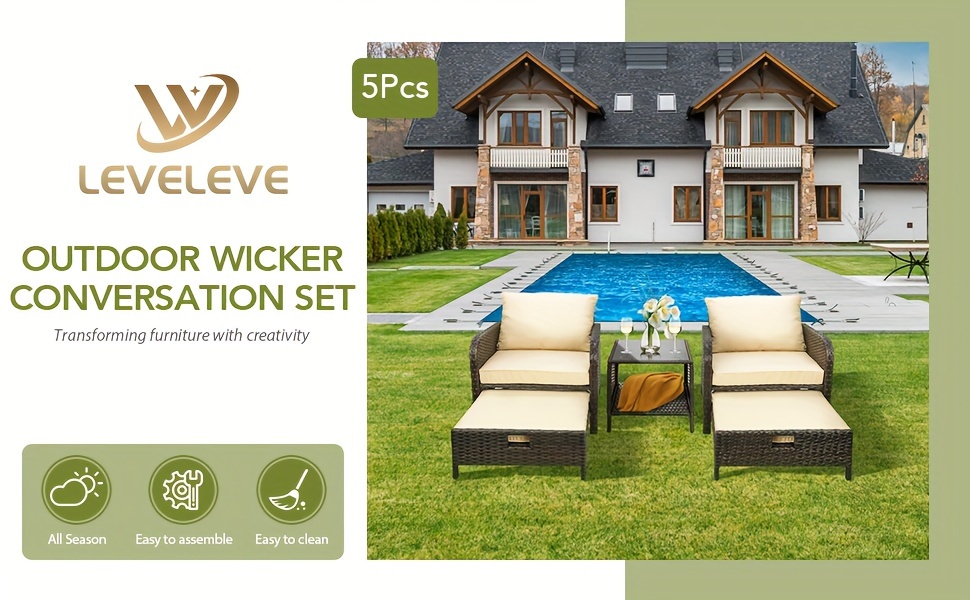 balcony furniture 5pcs patio conversation set pe  r rattan outdoor lounge chairs with soft cushions 2 ottoman glass table for porch lawn brown   Product details 1