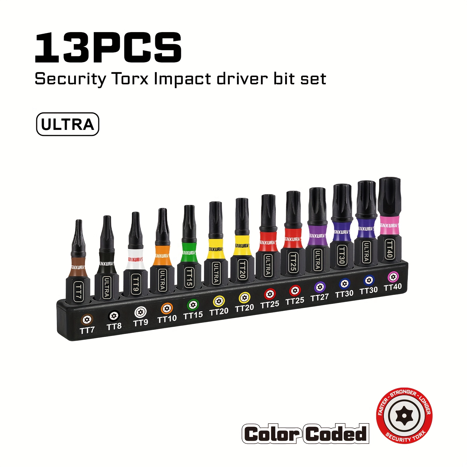 Image of 25mm Security Torx Impact Bit Set, S2, Tt7, Tt8, Tt9, Tt10, Tt15, Tt20, Tt25, Tt27, Tt30, Tt40 Hex Shank, Magnetic, Tamper-proof, For Electric And Manual Screwdrivers, , No Electricity Required