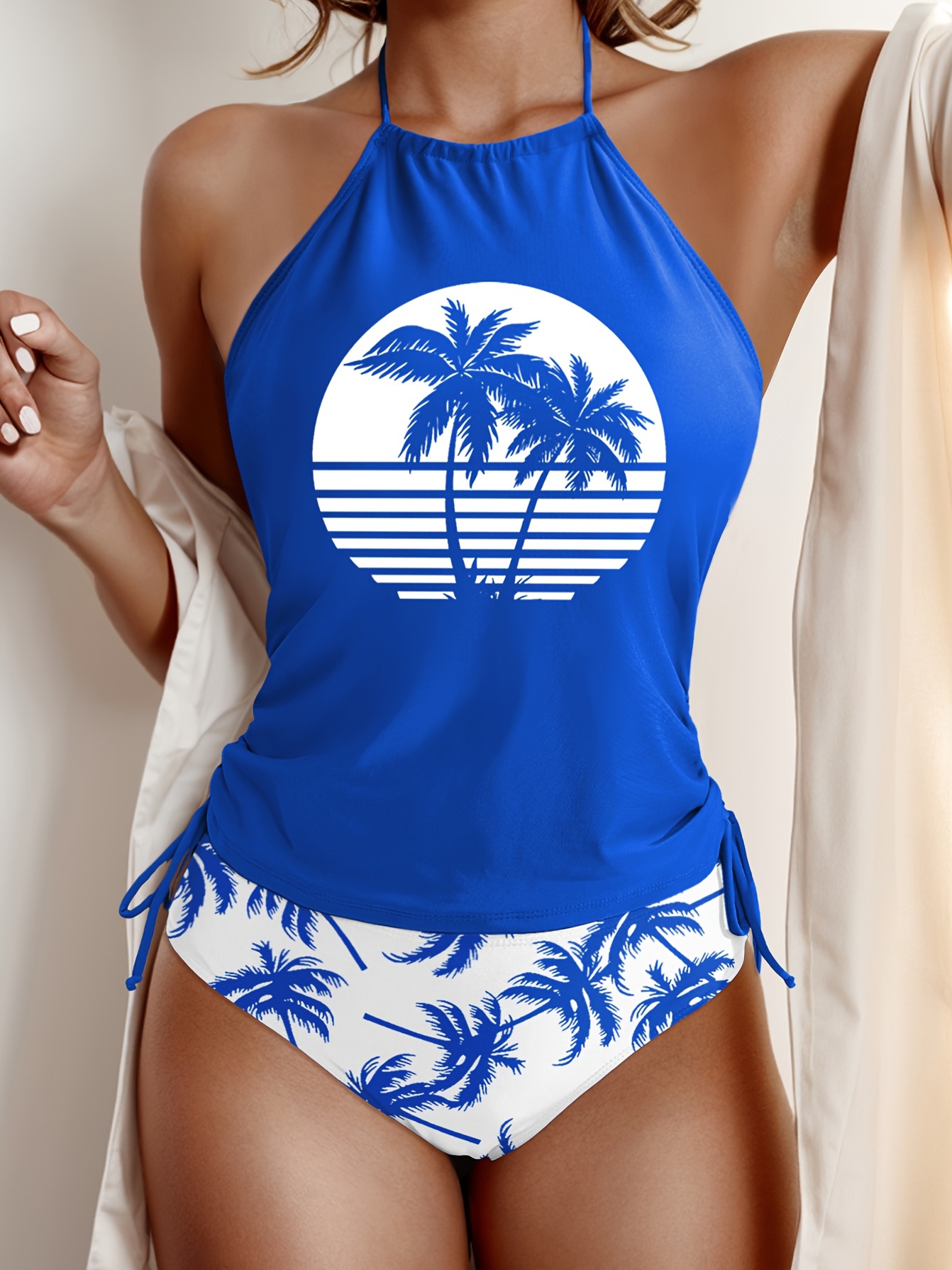 Coconut Tree Set Pattern Drawstring 2pcs Set Swimsuit, Halter Tie Neck Backless Stretchy Low Waist Bathing Suit for Beach Pool, Women'S Swimwear & Clothing