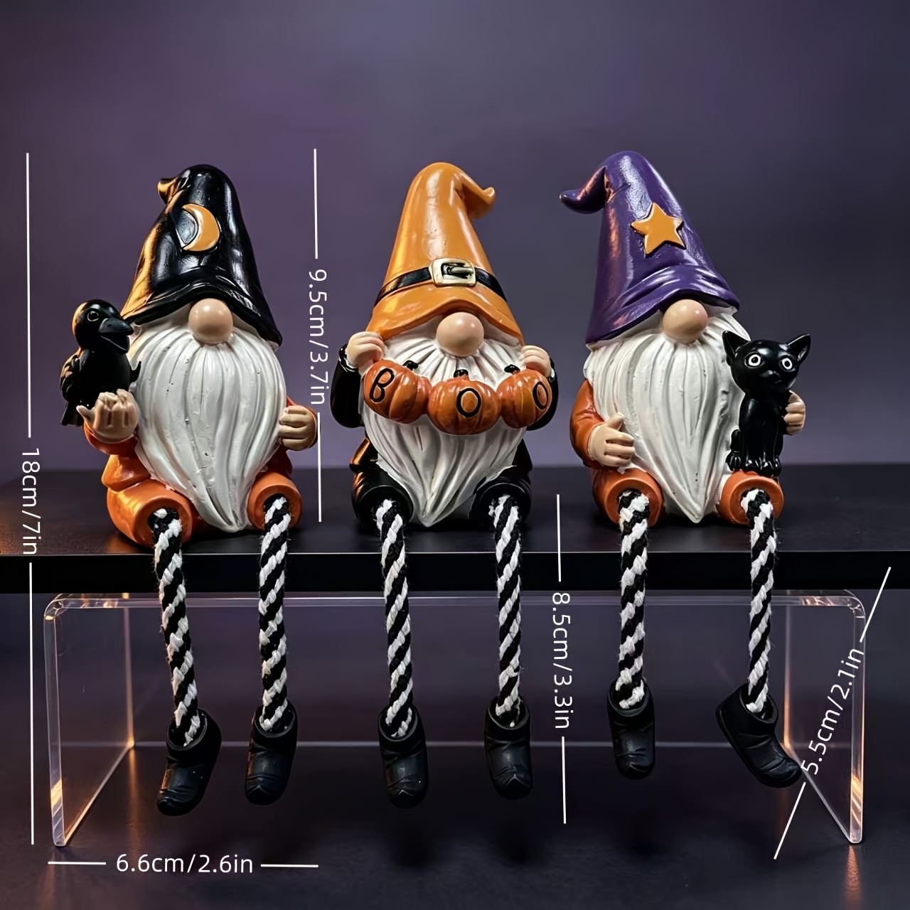 TEMU Halloween Gnome Ornaments 3pcs Crow Pumpkin Black Cat Tricolor Dwarfs Hand-painted Goblin Resin Decorations Tabletop Ornaments Home Fireplace