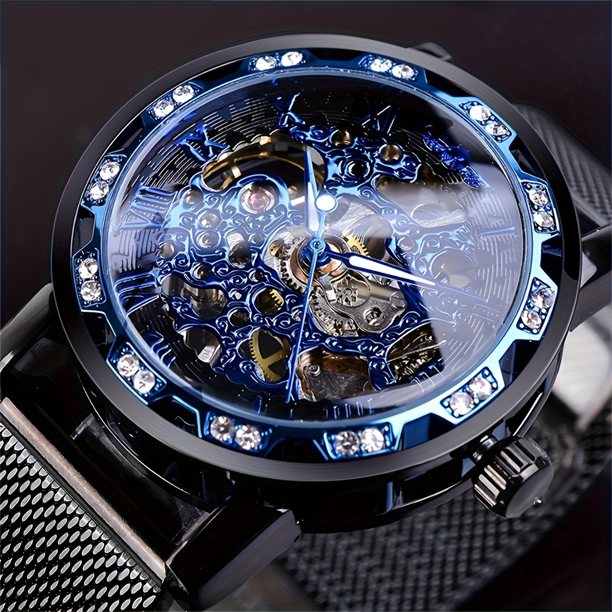 TEMU Elegante reloj mecánico para hombre con detalles de diamantes de y correa de malla calada, sin batería