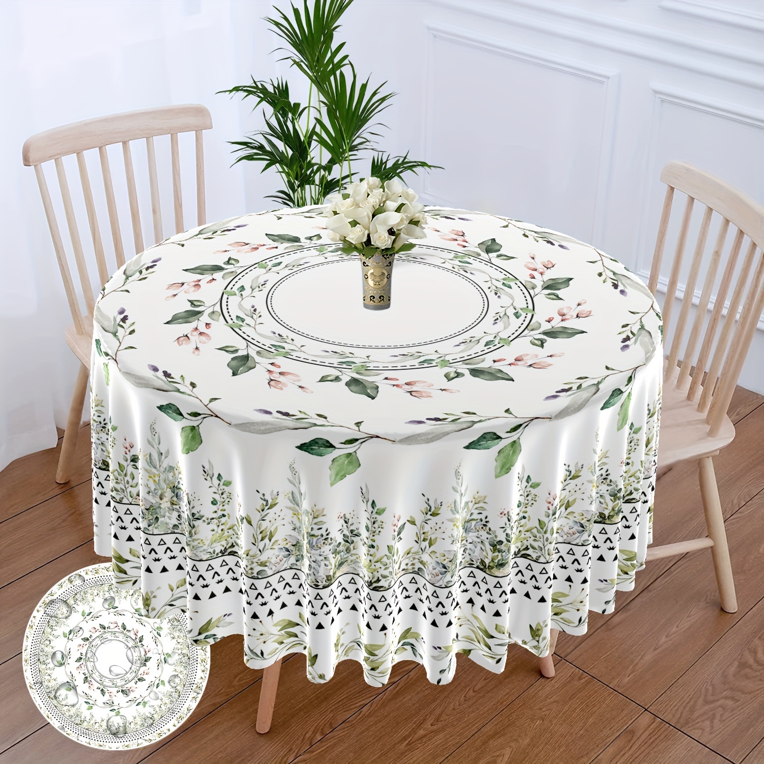 

Eucalyptus Leaf Pattern Round Tablecloth - 63" Waterproof Polyester Table Cover With Flowers - Versatile Use For Patio Dining, Tapestry, Wall Hanging, Bbq & Picnic Mat - Machine Woven Fabric