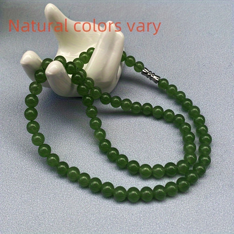 

1pc Elegant Quartzite Jade Necklace, Round Beads Green Jasper For Men