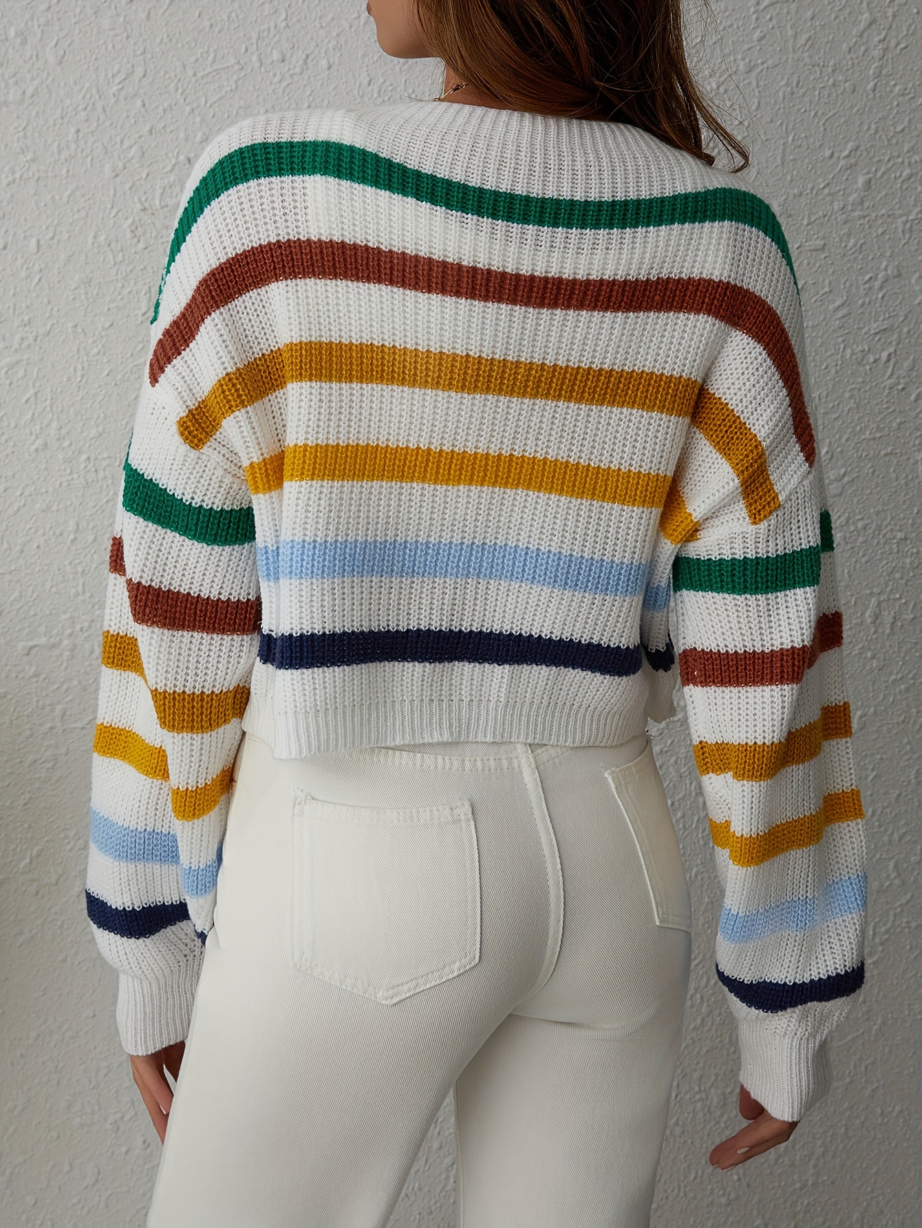 Stricken Bauchfreier Pullover Damen Bunte Gestreifte Gestrickte